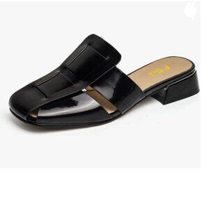 FSJ Black Closed Square Toe Block Low Heel Slide Sandals Slip On Woven Cage Mule